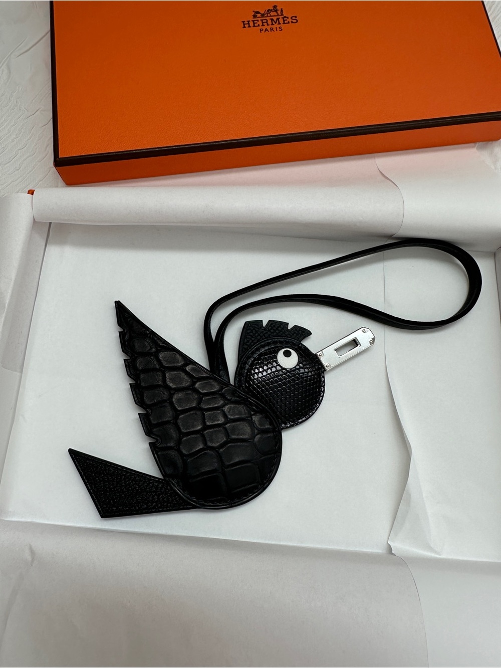 Hermes Black Alligator Birdy Charm Palladium Hardware